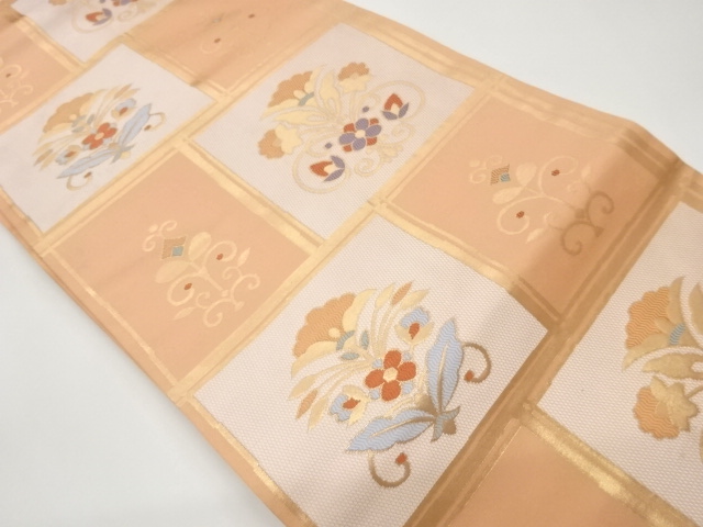 変わり格子に花唐草模様織出し名古屋帯